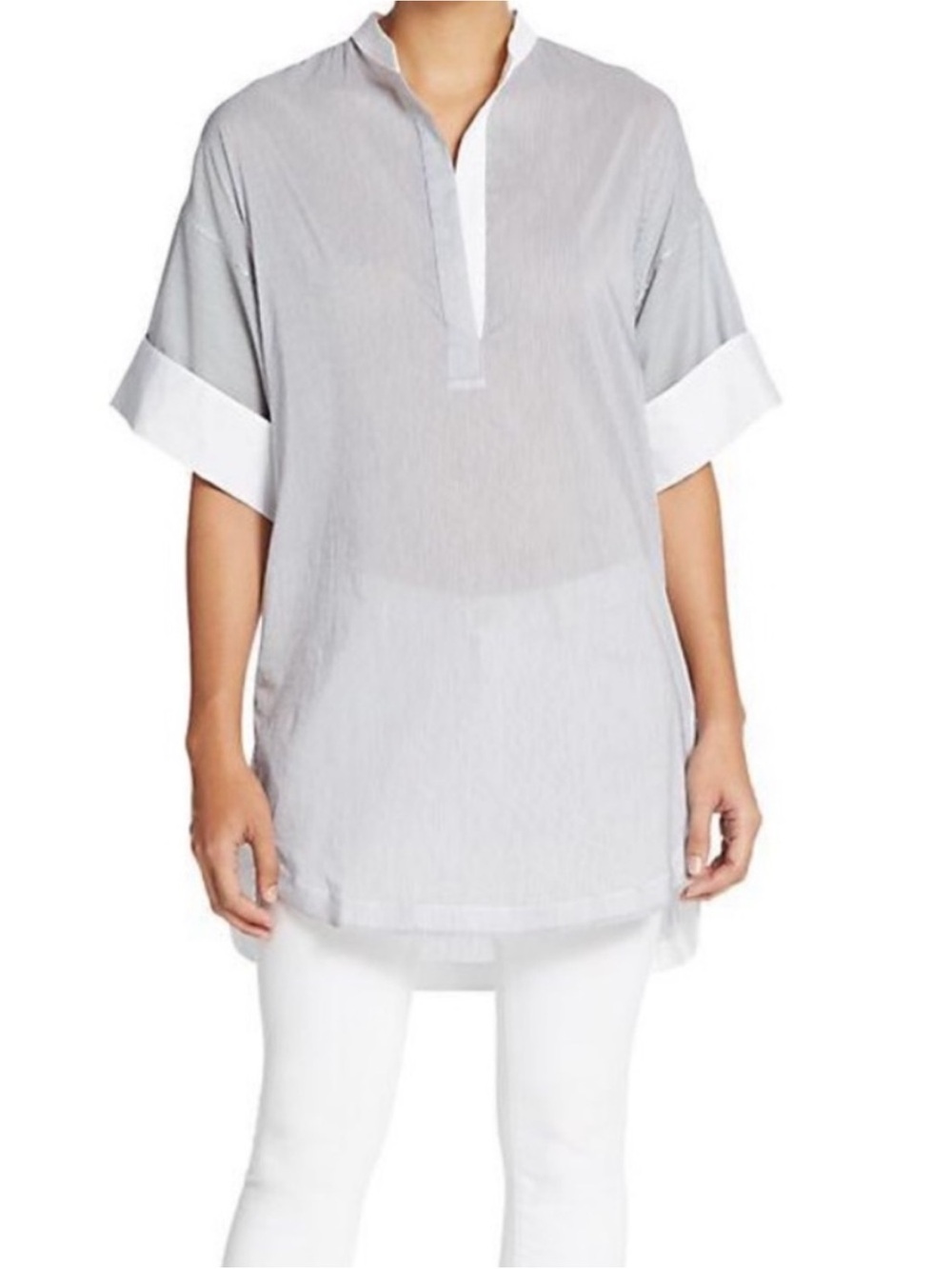 3.1 Phillip Lim Pinstripe Tunic White Cuff Split Neck Short Sleeve Size 2 - Picture 1 of 9